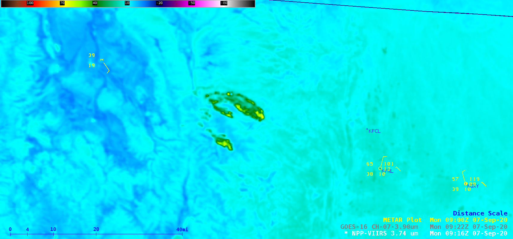 Shortwave Infrared images from Suomi NPP (3.74 µm) and GOES-16 (3.9 µm), with plots of METAR surface reports [click to enlarge]