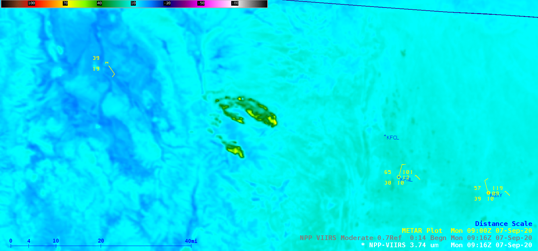 Suomi NPP VIIRS Shortwave Infrared (3.74 µm) and Day/Night Band (0.7 µm) images, with plots of METAR surface reports [click to enlarge]