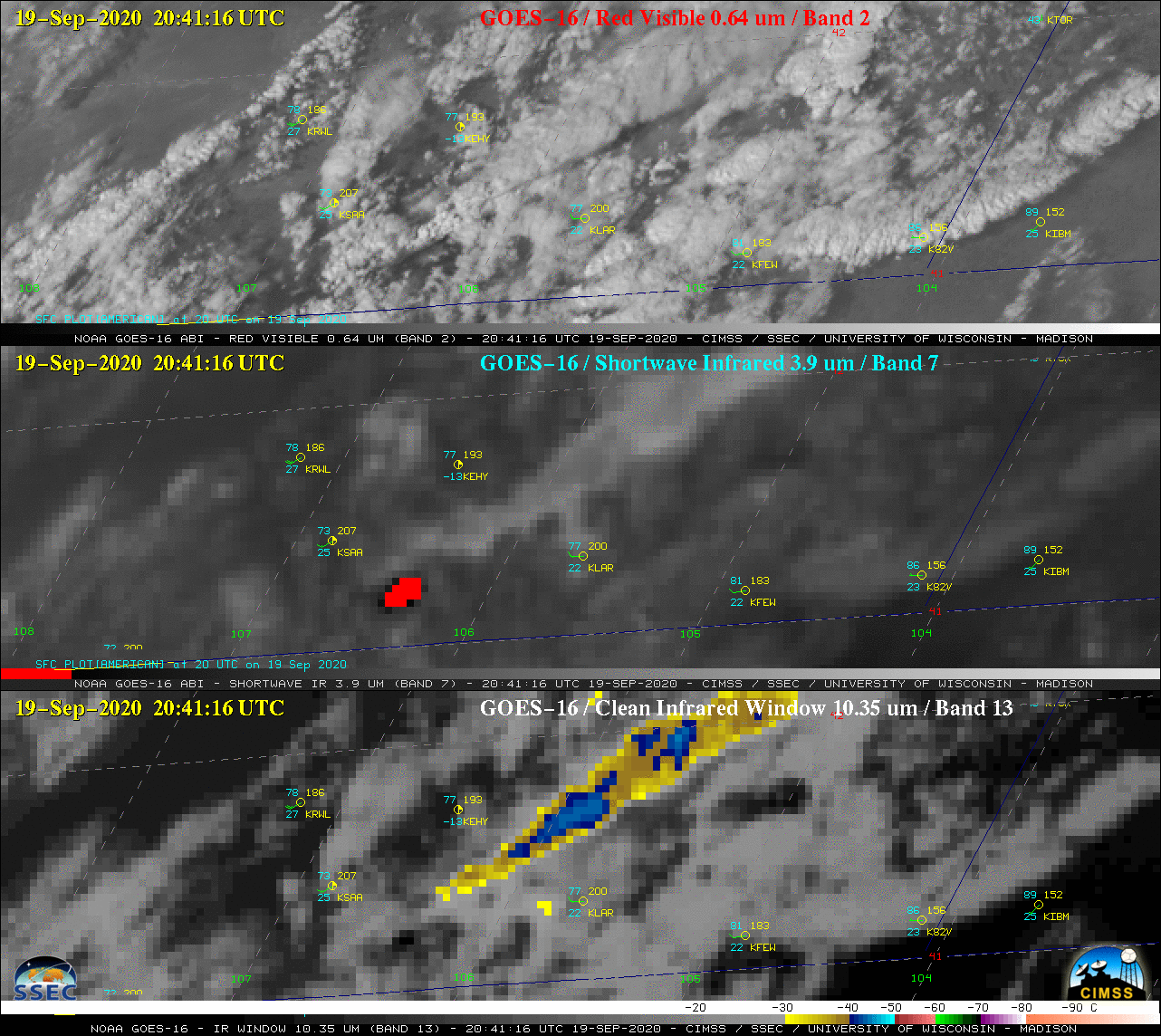 GOES-16 “Red” Visible (0.64 µm, top), Shortwave Infrared (3.9 µm, center) and “Clean” Infrared Window (10.35 µm, bottom) images, with hourly plots of surface reports [click to play animation | MP4]