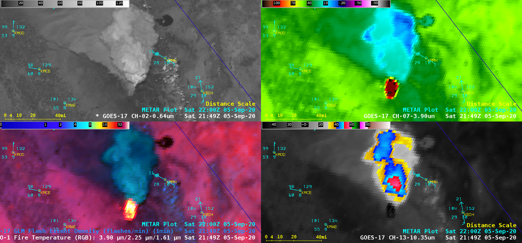 GOES-17 “Red” Visible (0.64 µm, top left), GOES-17 Shortwave Infrared (3.9 µm, top right), GOES-17 Fire Temperature RGB + GLM Flash Extent Density(bottom left) and 