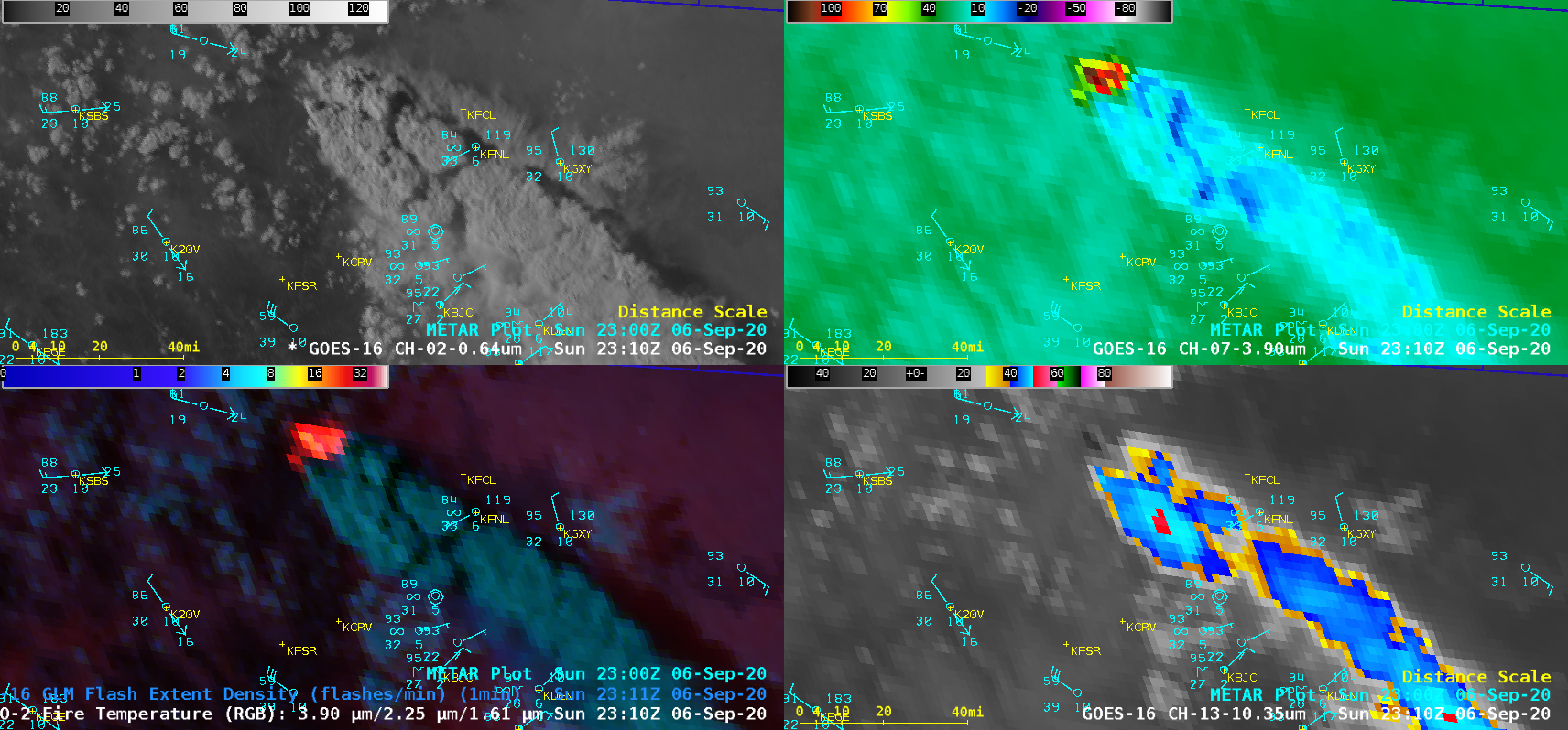 GOES-16 “Red” Visible (0.64 µm, top left), Shortwave Infrared (3.9 µm, top right), Fire Temperature RGB + GLM Flash Extent Density (bottom left) and “Clean” Infrared Window (10.35 µm, bottom right) [click to play animation | MP4]