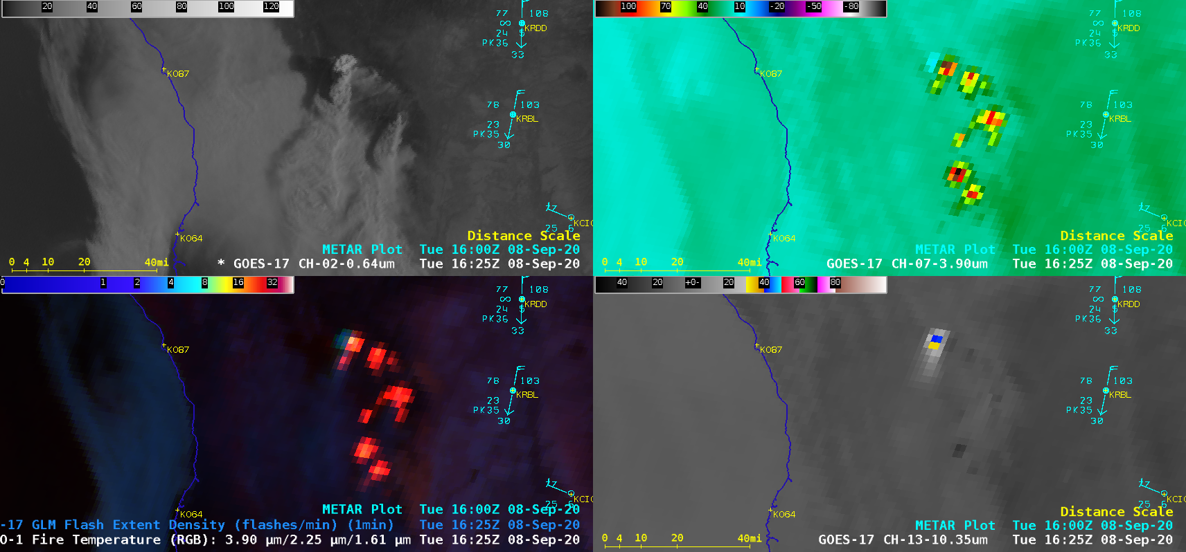 GOES-17 “Red” Visible (0.64 µm, top left), Shortwave Infrared (3.9 µm, top right), Fire Temperature RGB + GLM Flash Extent Density (bottom left) and “Clean” Infrared Window (10.35 µm, bottom right) [click to play animation | MP4]