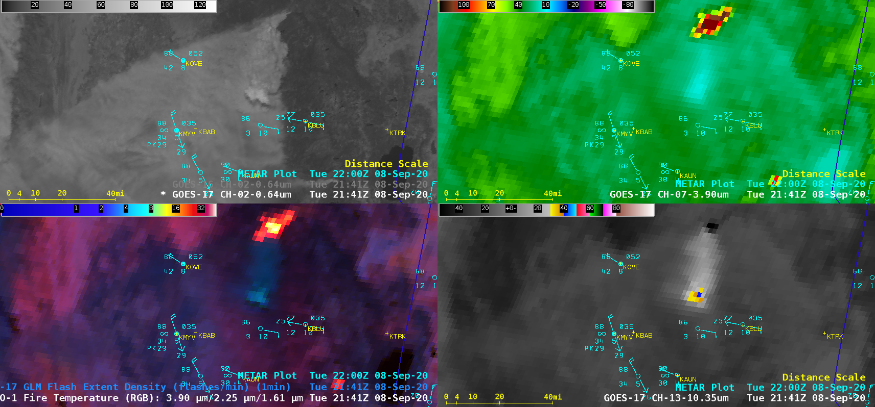 GOES-17 “Red” Visible (0.64 µm, top left), Shortwave Infrared (3.9 µm, top right), Fire Temperature RGB + GLM Flash Extent Density (bottom left) and “Clean” Infrared Window (10.35 µm, bottom right) [click to play animation | MP4]