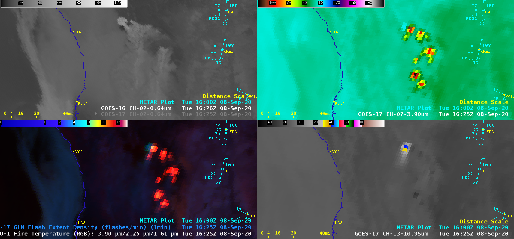 GOES-16 “Red” Visible (0.64 µm, top left), Shortwave Infrared (3.9 µm, top right), Fire Temperature RGB + GLM Flash Extent Density (bottom left) and “Clean” Infrared Window (10.35 µm, bottom right) [click to play animation | MP4]