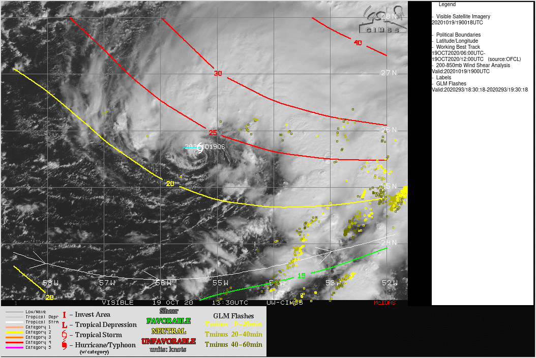 GOES-16 “Red” Visible (0.64 µm) images, with overlays of deep-layer wind shear and GLM Flashes [click to enlarge]