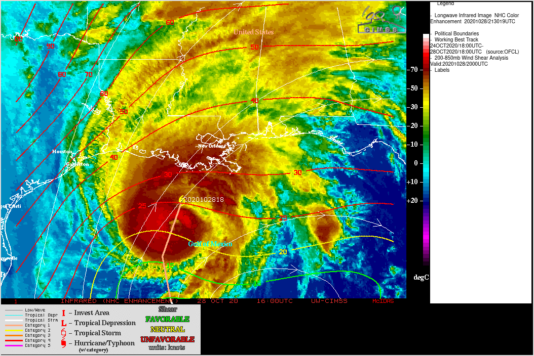 GOES-16 Longwave Infrared (11.2 µm) images, with contours of 20 UTC deep-layer wind shear [click to enlarge]