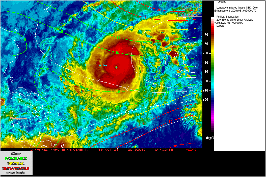 Himawari-8 Longwave Infrared (11.2 µm) images, with contours of 0i0 UTC deep-layer wind shear [click to enlarge]