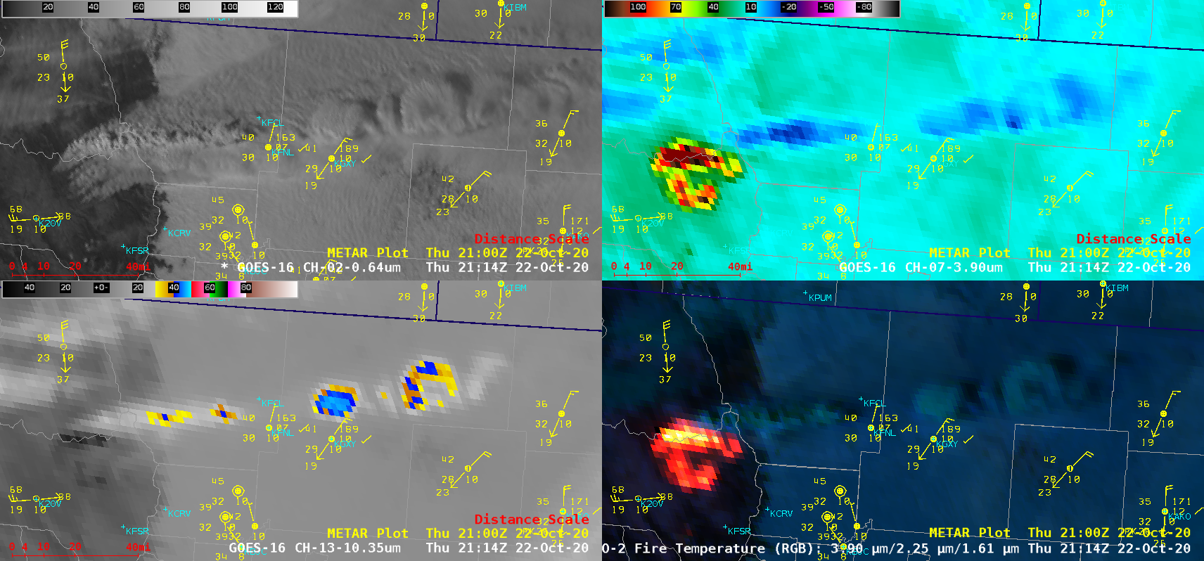GOES-16 “Red” Visible (0.64 µm, top left), Shortwave Infrared (3.9 µm, top right), “Clean” Infrared Window (10.35 µm, bottom left) and Fire Temperature RGB (bottom right) [click to play animation | MP4]