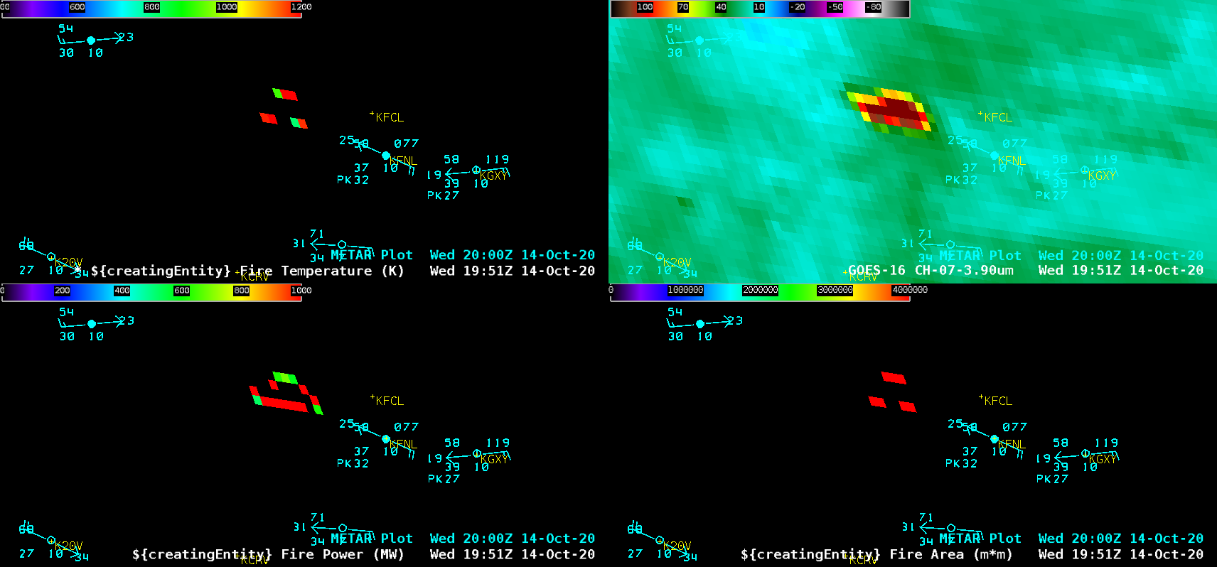 GOES-16 Fire Temperature (top left), Shortwave Infrared (3.9 µm, top right), Fire Power (bottom left) and Fire Area (bottom right) [click to play animation | MP4]