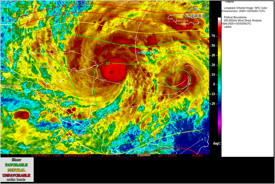 GOES-16 Longwave Infrared (11.2 µm) images, with contours of 18 UTC deep-layer wind shear [click to enlarge]