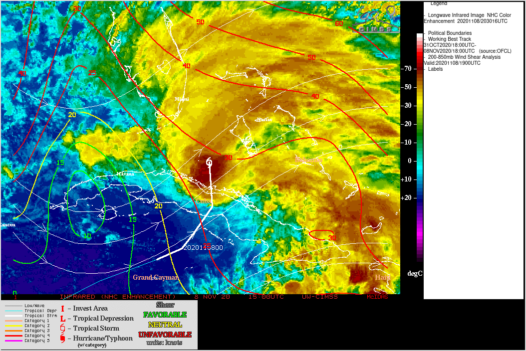 GOES-16 Longwave Infrared (11.2 µm) images, with contours of 19 UTC deep-layer wind shear [click to enlarge]