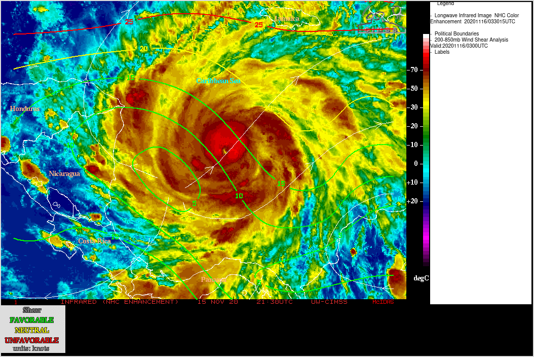 GOES-16 Longwave Infrared (11.2 µm) images, with contours of 19 UTC deep-layer wind shear [click to enlarge]