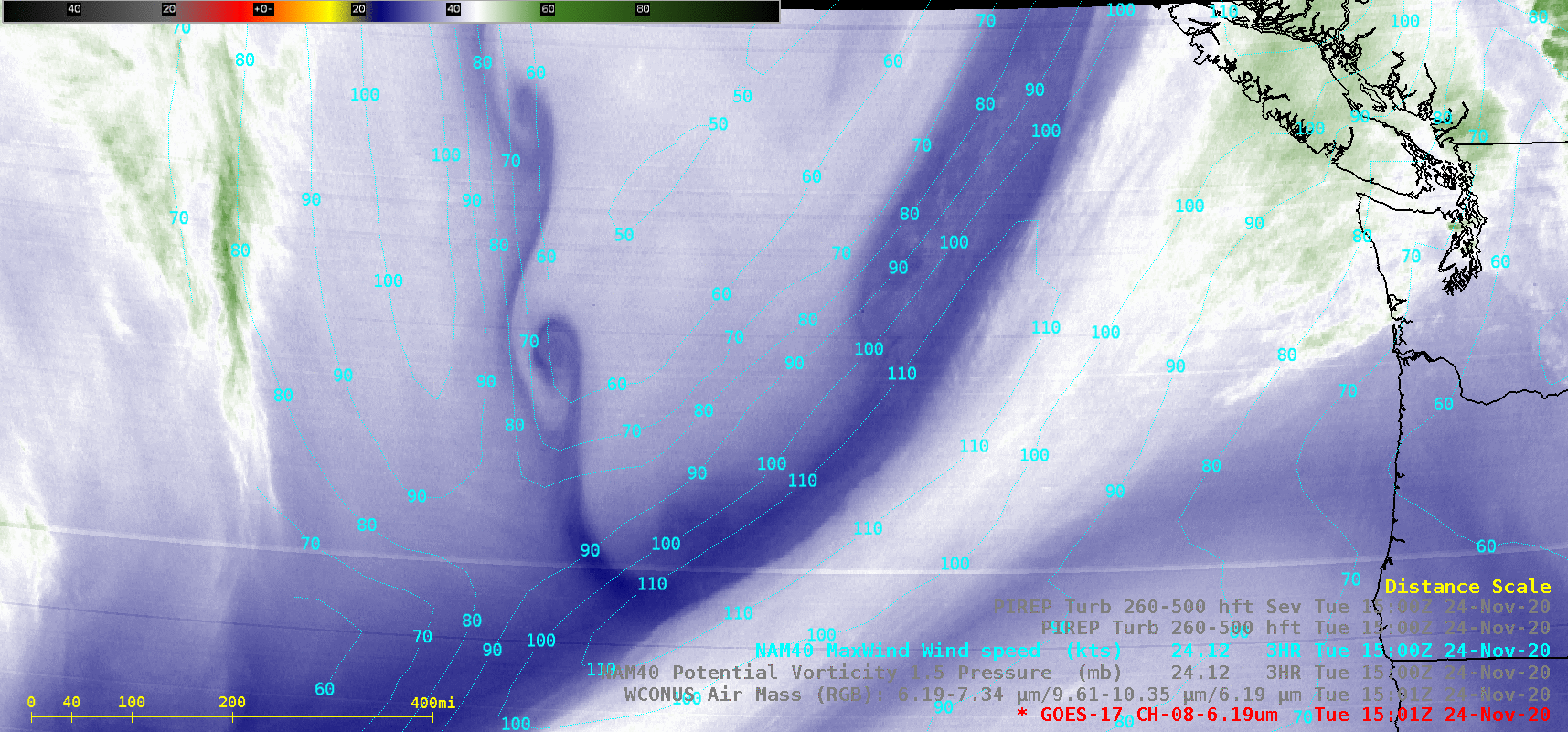 GOES-17 Upper-level Water Vapor (6.2 µm) images, with isotachs of NAM40 model maximum wind speed [click to enlarge]
