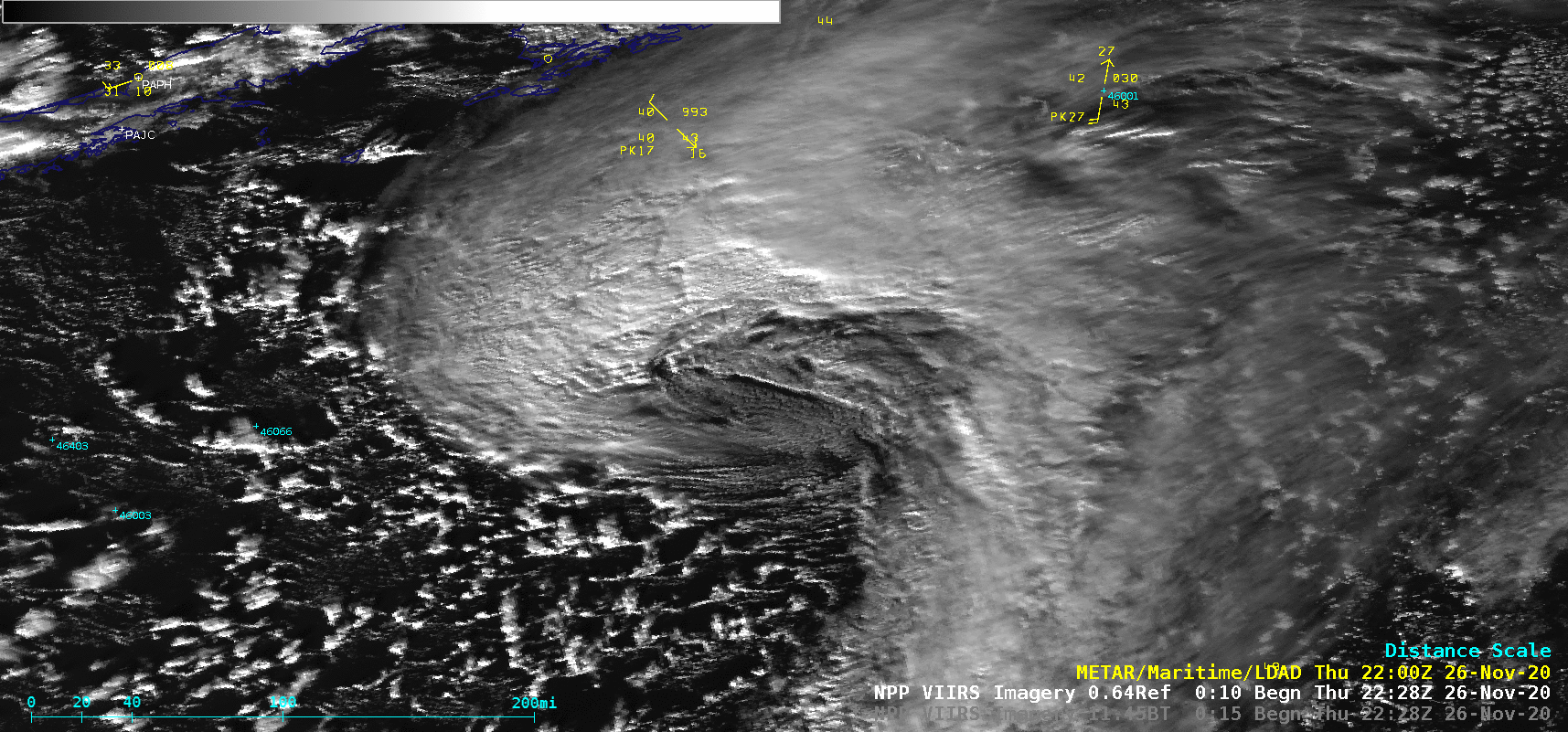 Suomi NPP VIIRS Visible (0.64 µm) and Infrared Window (11.45 µm) images [click to enlarge]