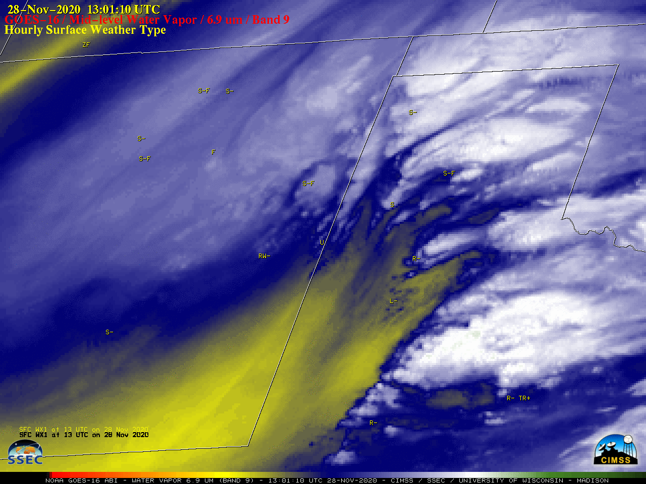 GOES-16 Mid-level Water Vapor (6.9 µm) images, with hourly precipitation type plotted in yellow [click to play animation | MP4]