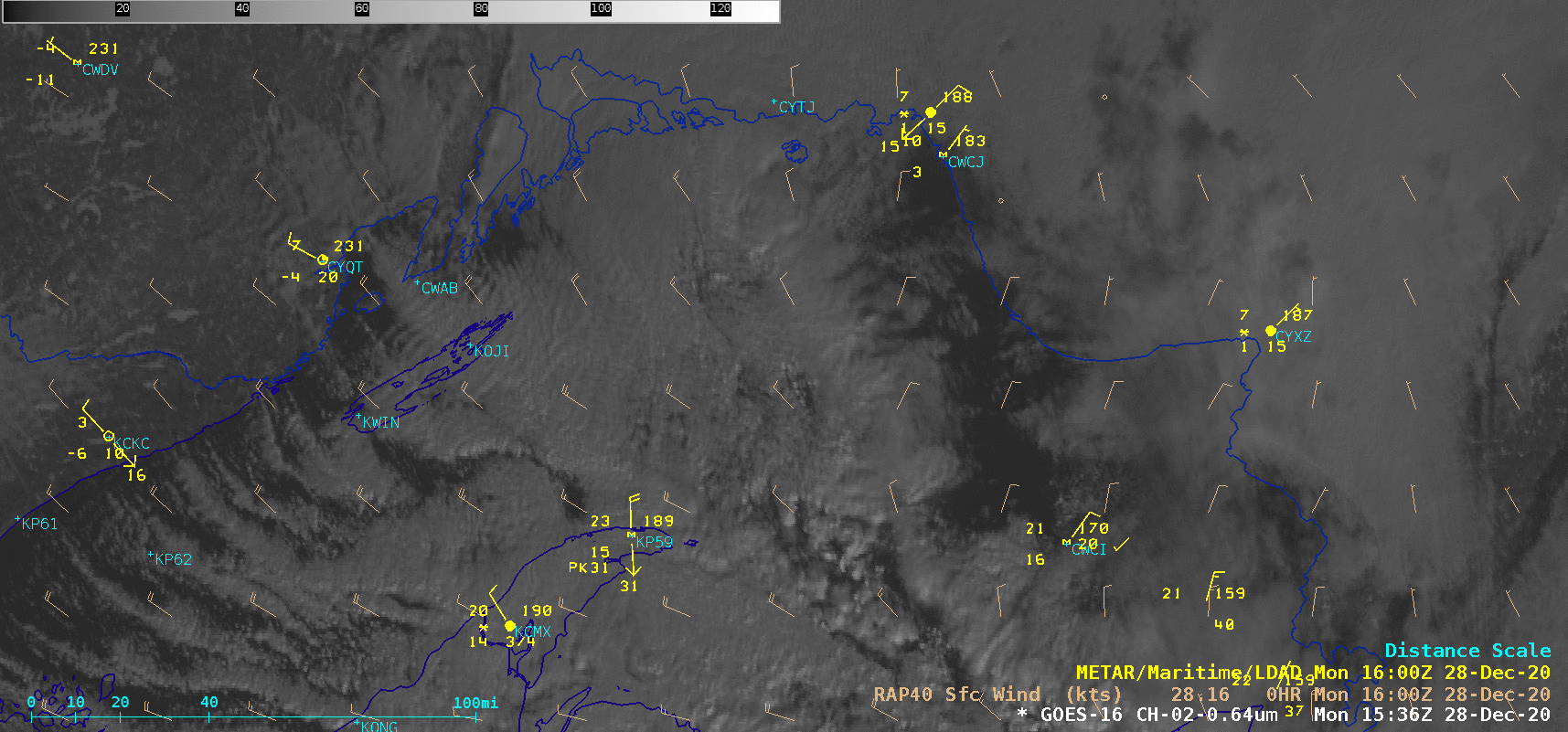GOES-16 Visible mage, with an overlay of Metop ASCAT surface scatterometer winds [click to enlarge]