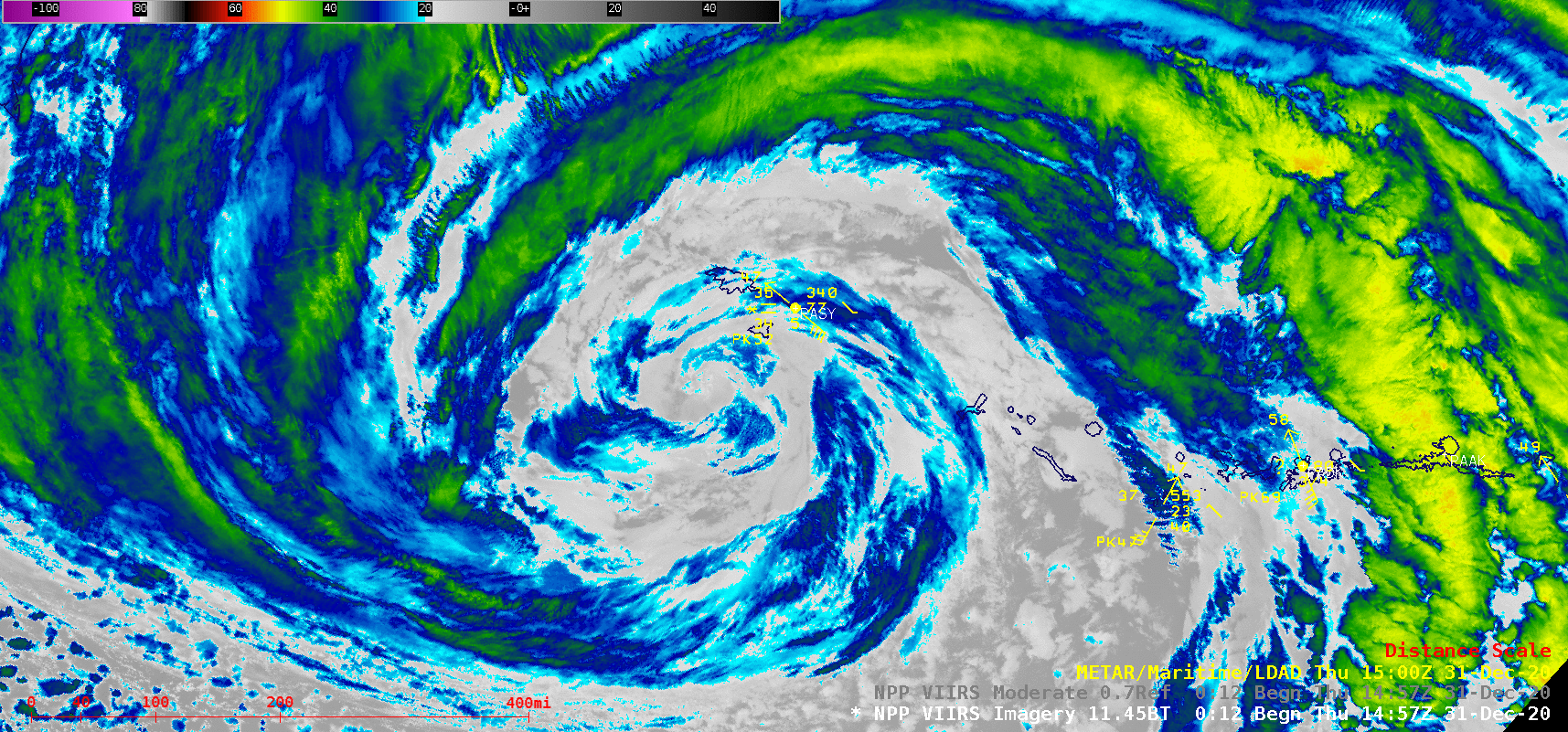 Suomi NPP VIIRS Infrared Window (11.45 µm) and Day/Night Band (0.7 µm) images [click to enlarge]