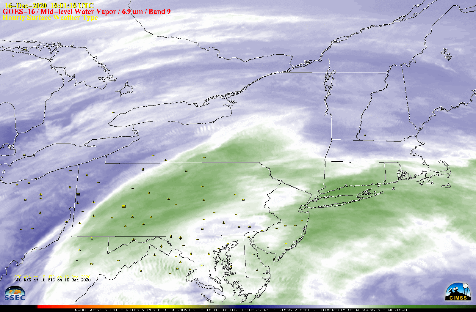 GOES-16 Mid-level (6.9 µm) Water Vapor images, with hourly plots of precipitation type [click to play animation | MP4]