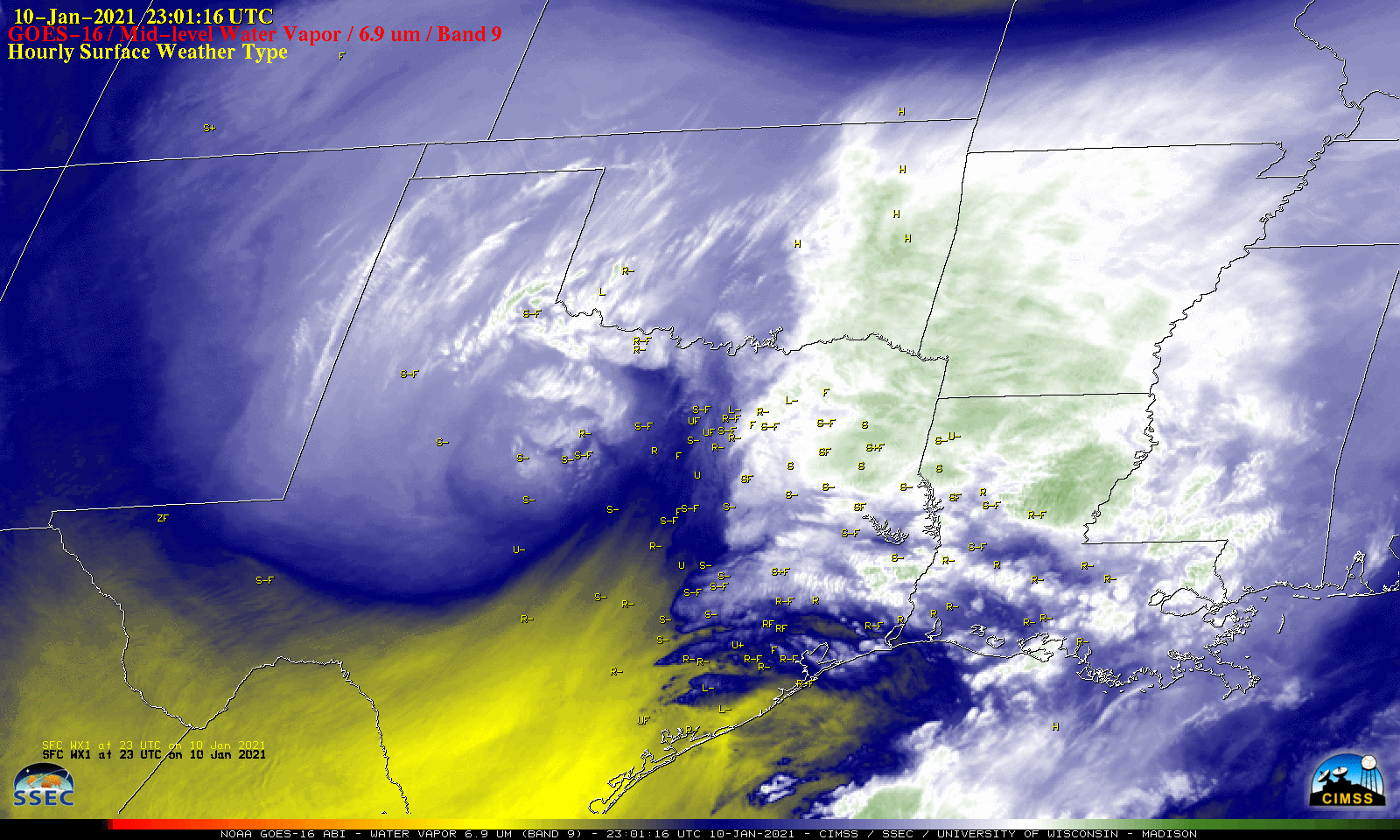 GOES-16 Mid-level Water Vapor (6.9 µm) images, with hourly surface weather type plotted in yellow [click to play animation | MP4]