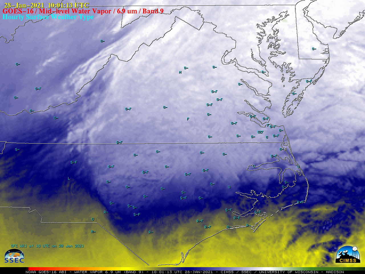 GOES-16 Mid-level Water Vapor (6.9 µm) images, with plots of hourly surface weather type [click to play animation | MP4]
