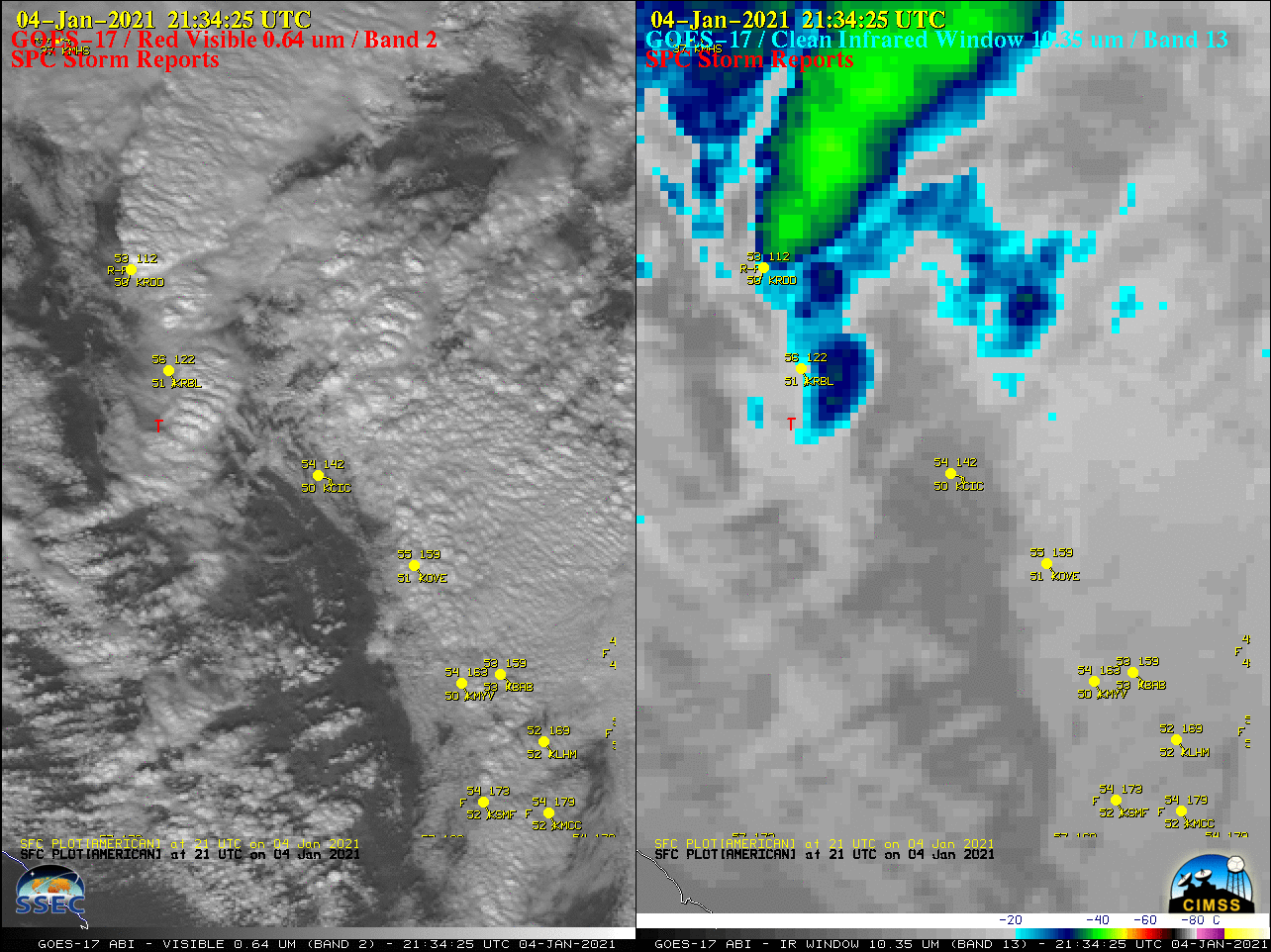 GOES-16 “Red” Visible (0.64 µm, left) and “Clean” Infrared Window (10.35 µm, right) images, with SPC Storm Reports plotted in red [click to play animation | MP4]