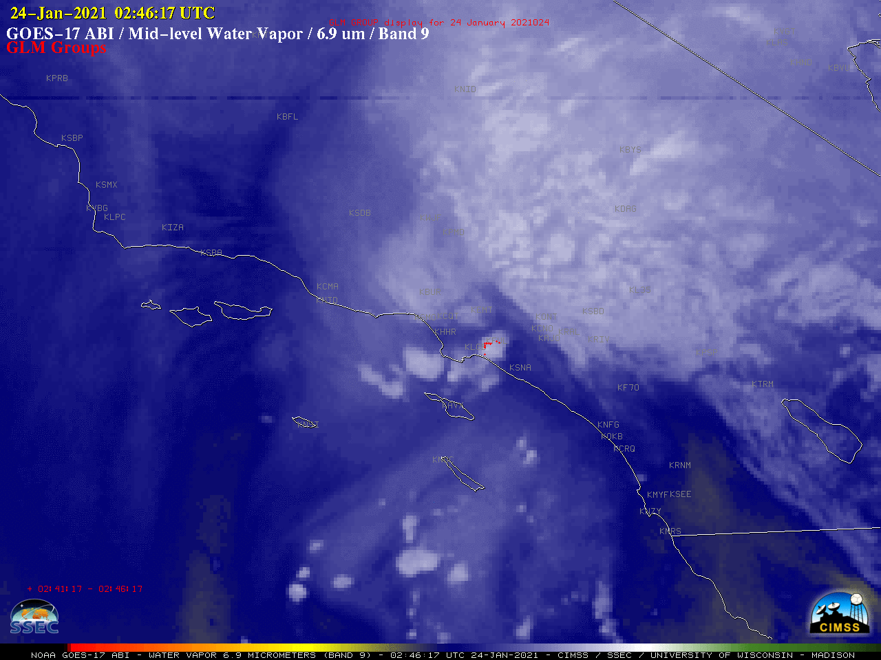 GOES-17 Mid-level Water Vapor (6.9 µm) image at 0246 UTC, with GLM Groups plotted in red [click to enlarge]