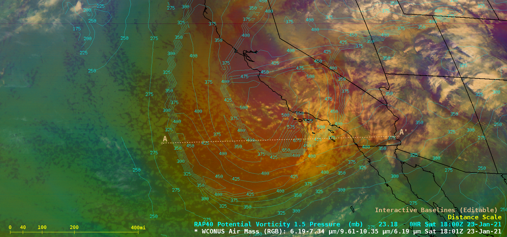 GOES-17 Air Mass RGB images, with contours of PV1.5 pressure [click to play animation | MP4]