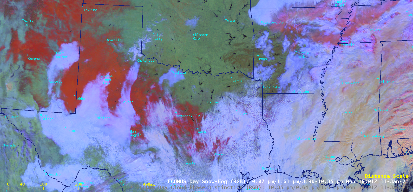 GOES-16 Day Cloud Phase Distinction RGB and Day Snow-Fog RGB images [click to play animation | MP4]