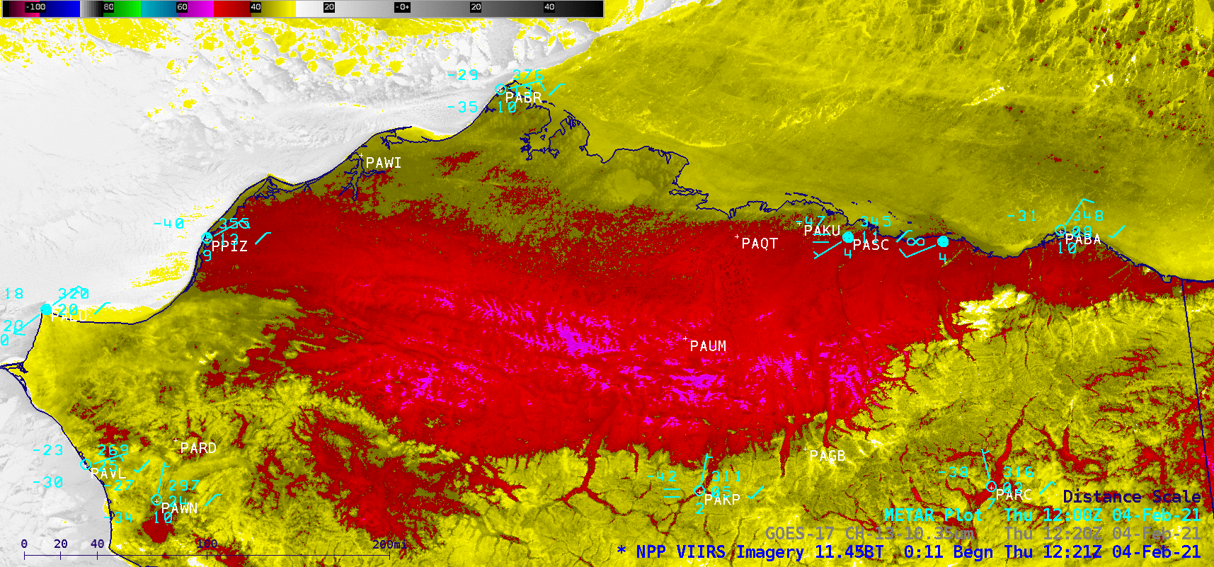Infrared Window images from Suomi NPP VIIRS and GOES-17 (10.35 µm) at 1223 UTC [click to enlarge]