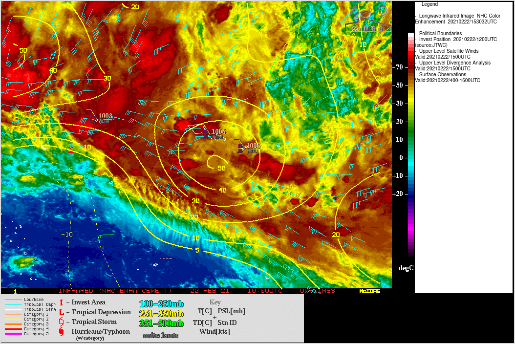 GOES-17 Infrared images, with plots of upper-level satellite winds and contours of upper-level convergence [click to enlarge]