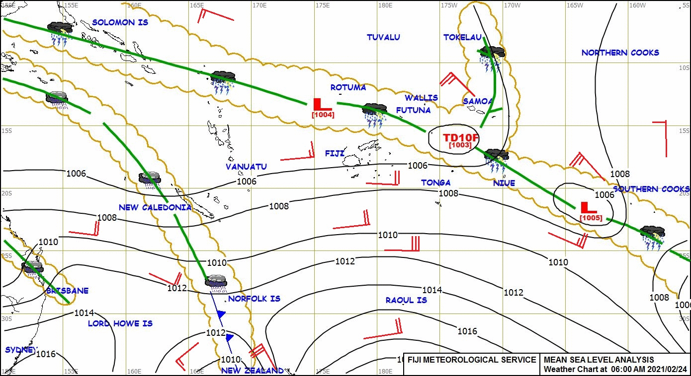 Surface analyses at 18 UTC and 21 UTC on 23 February (map time stamps are Fiji local time) [click to enlarge]