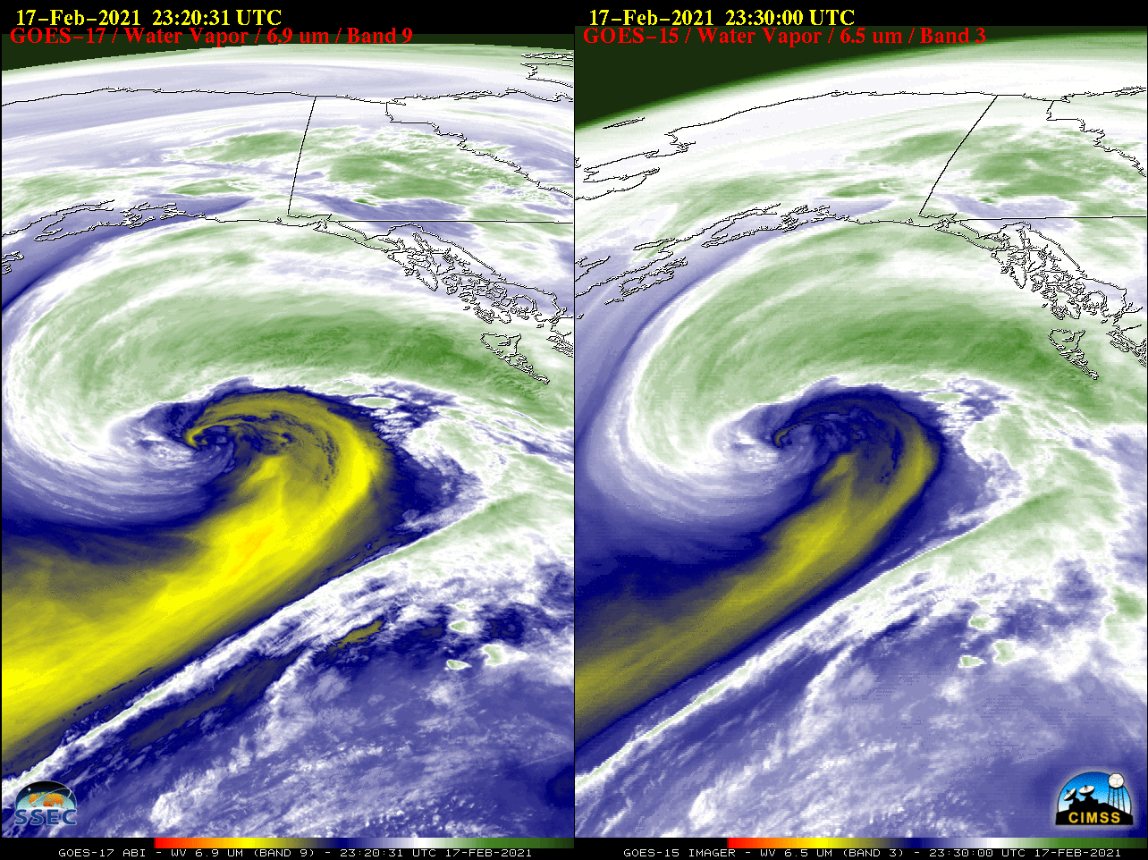 Water Vapor images from GOES-17 (6.9 µm, left) and GOES-15 (6.5 µm, right) [click to play animation | MP4]