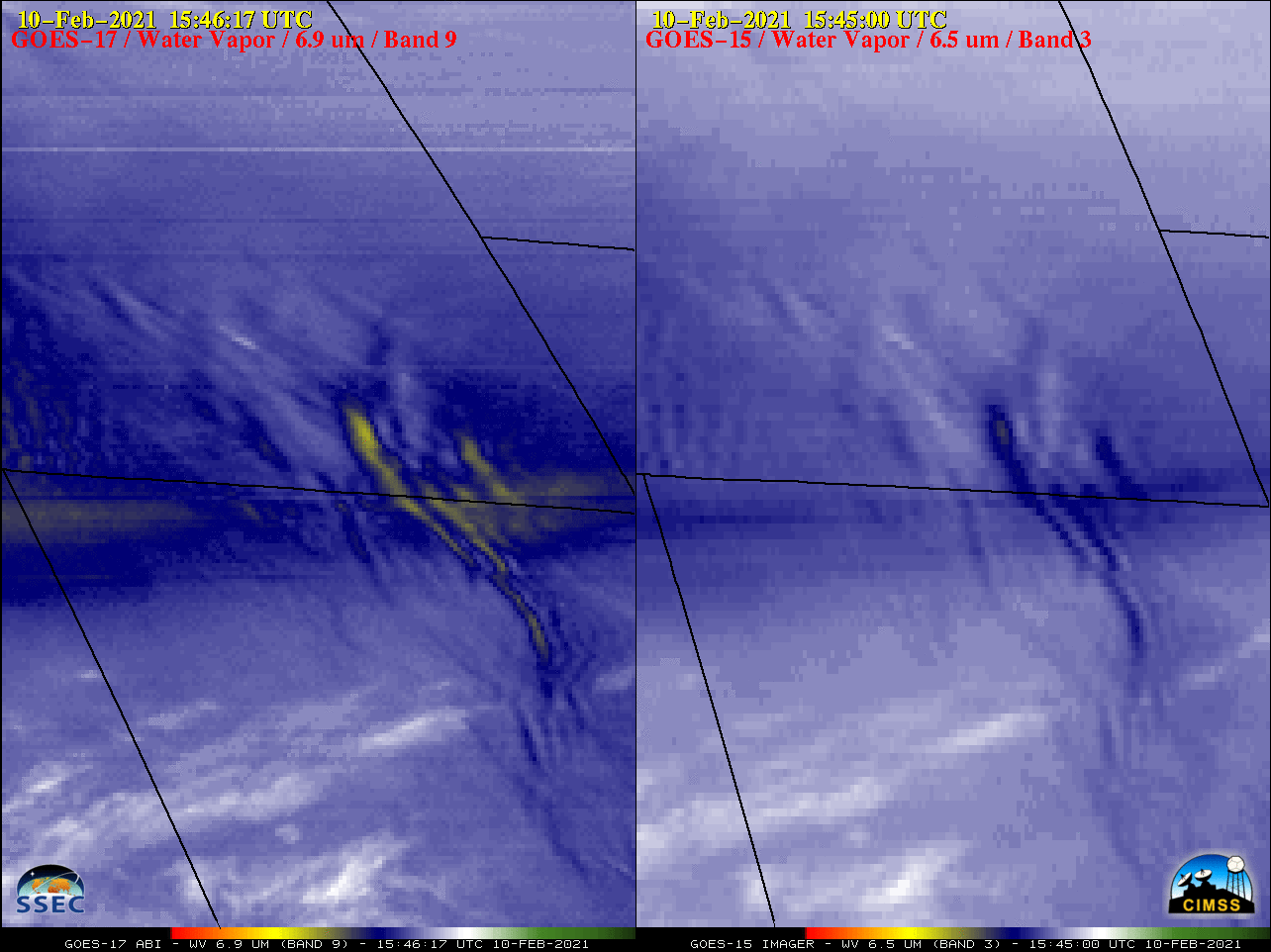Water Vapor images from GOES-17 (6.9 µm, left) and GOES-15 (6.5 µm, right) [click to play animation | MP4]