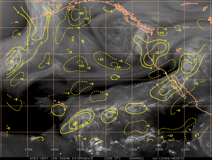 GOES-17 Water Vapor images, with contours of upper level divergence [click to enlarge]