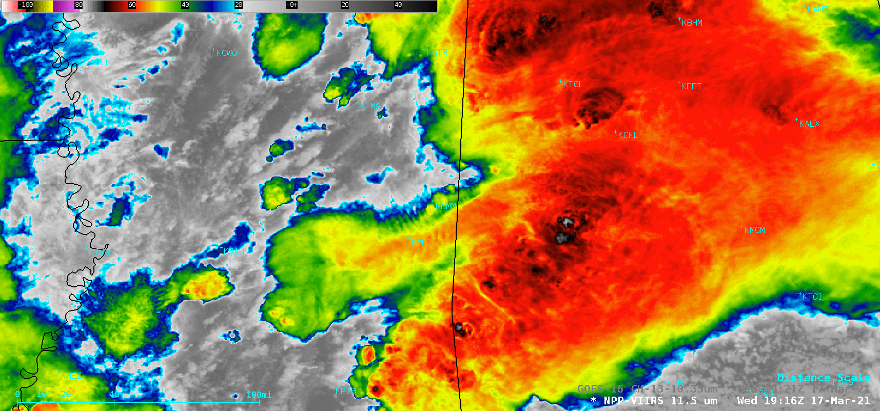 GOES-16 “Clean” Infrared Window (10.35 µm) and Suomi NPP VIIRS Infrared Window (11.45 µm) images at 1921 UTC [click to enlarge]