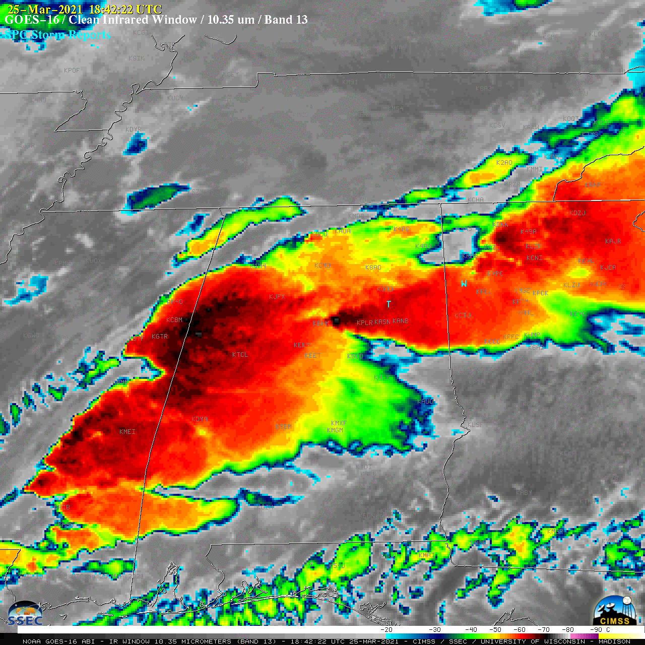 GOES-16 “Clean” Infrared Window (10.35 µm) images, with time-matched SPC Storm Reports plotted in cyan [click to play animation | MP4]