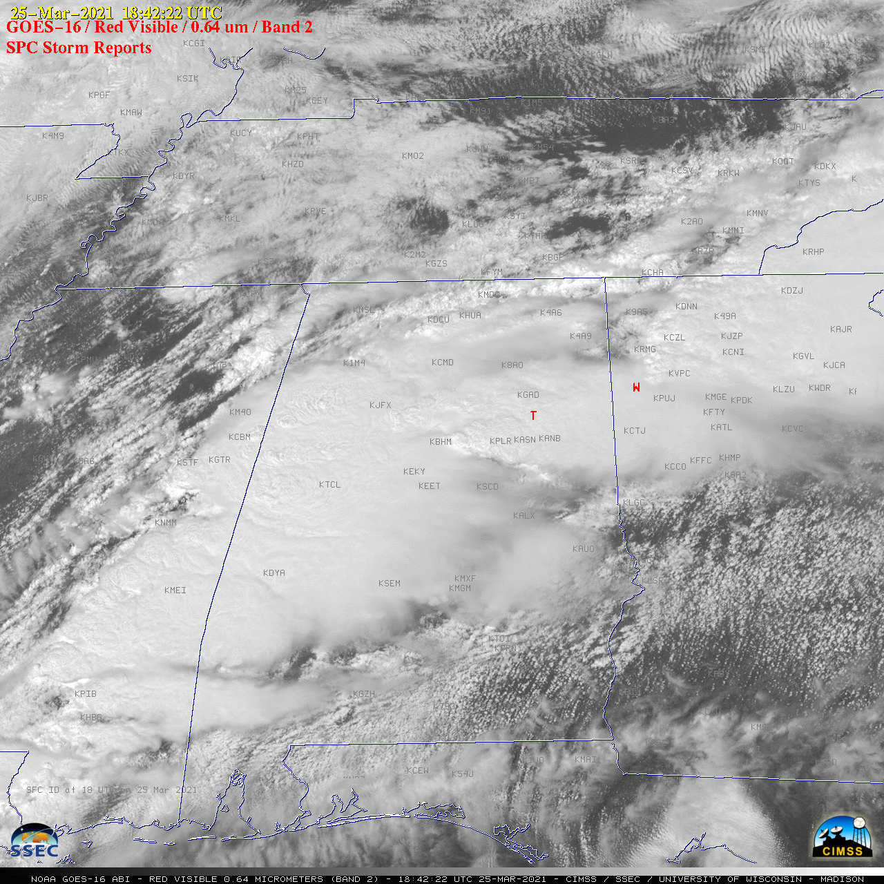 GOES-16 “Red” Visible (0.64 µm) images, with time-matched SPC Storm Reports plotted in red [click to play animation | MP4]