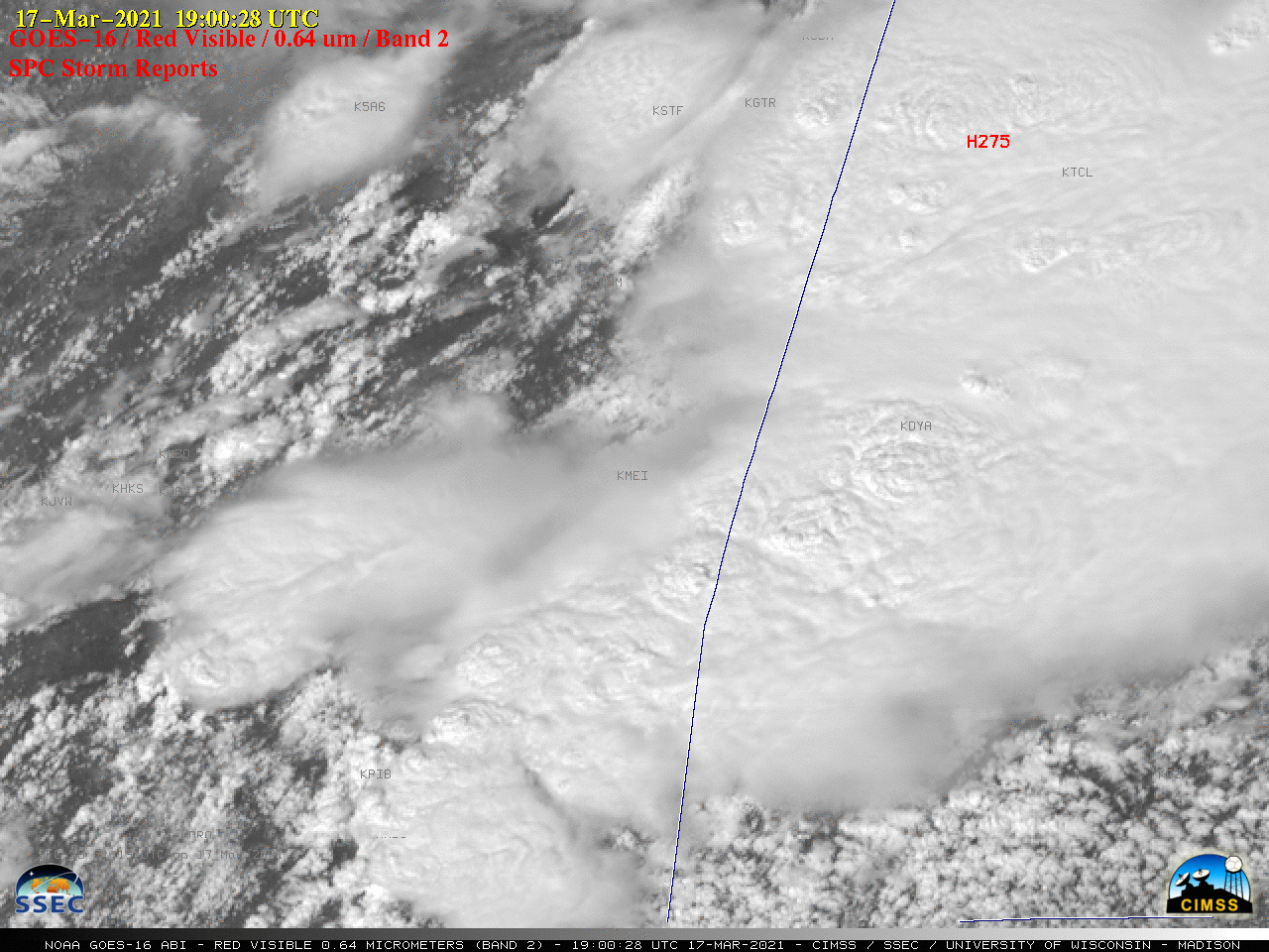 GOES-16 “Red” Visible (0.64 µm) images, with time-matched SPC Storm Reports plotted in red [click to play animation | MP4]