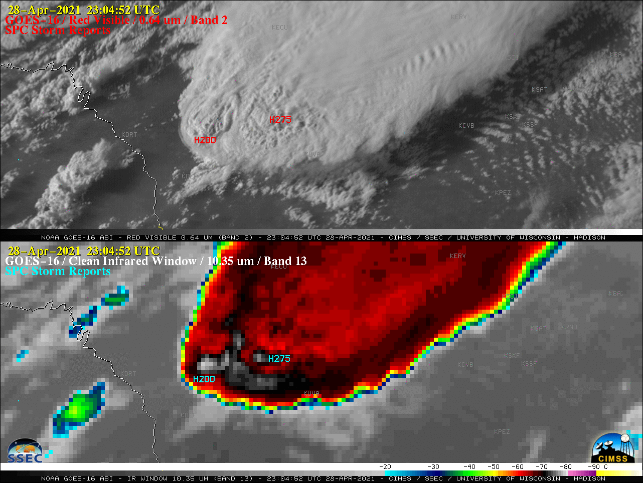 GOES-16 “Red” Visible (0.64 µm) images and “Clean” Infrared Window (10.35 µm) images, with plots of SPC Storm Reports [click to play animation | MP4]