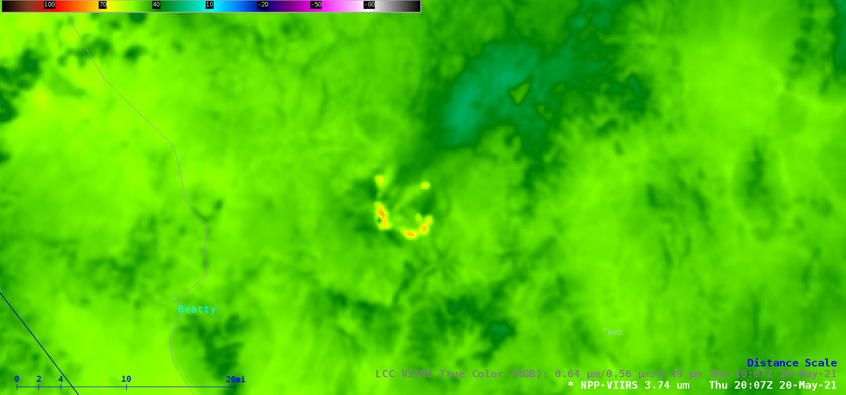 NOAA-20 VIIRS Shortwave Infrared (3.74 µm) and True Color RGB images at 2014 UTC [click to enlarge]