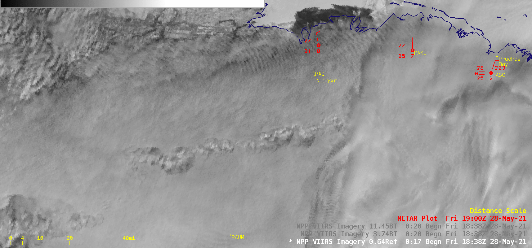 Suomi NPP VIIRS Visible (0.64 µm), Shortwave Infrared (3.74 µm) and Infrared Window (11.45 µm) images [click to enlarge]