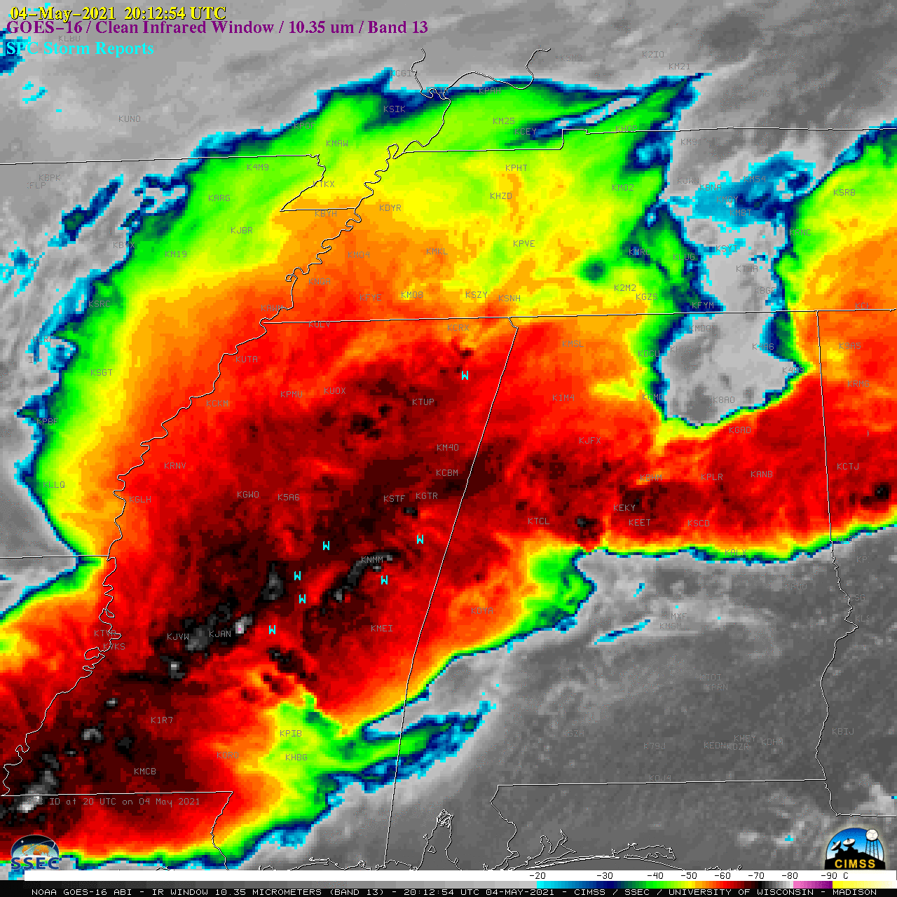 GOES-16 “Clean” Infrared Window (10.35 µm) images, with SPC Storm Reports plotted in cyan [click to play animation | MP4]