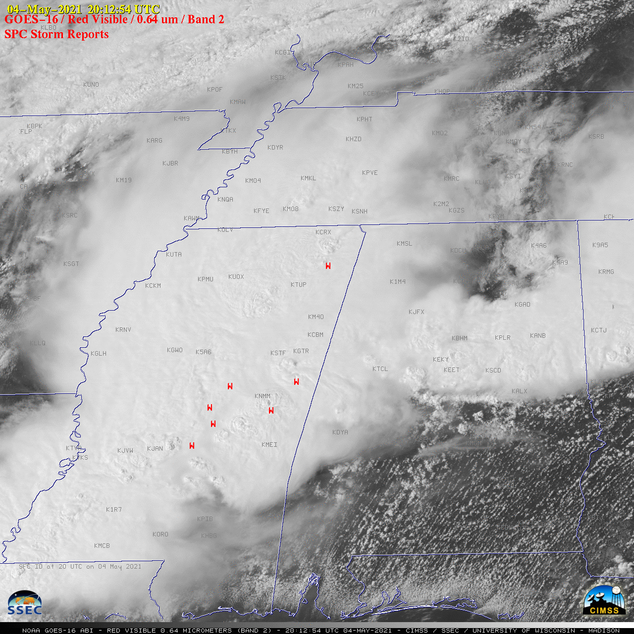 GOES-16 “Red” Visible (0.64 µm) images, with SPC Storm Reports plotted in red [click to play animation | MP4]