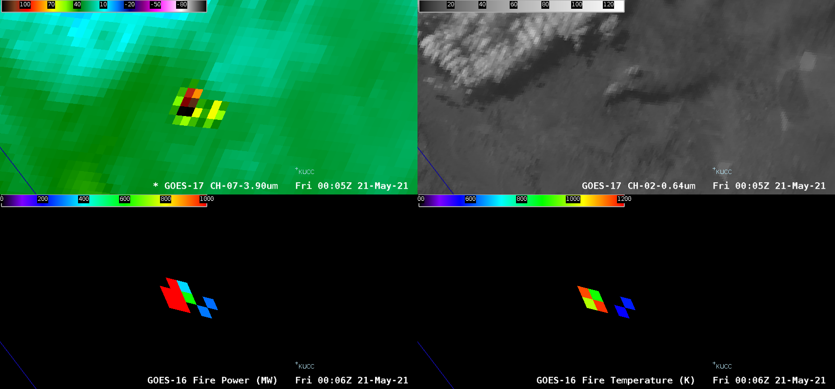 GOES-17 Shortwave Infrared (3.9 µm, top left), GOES-17 