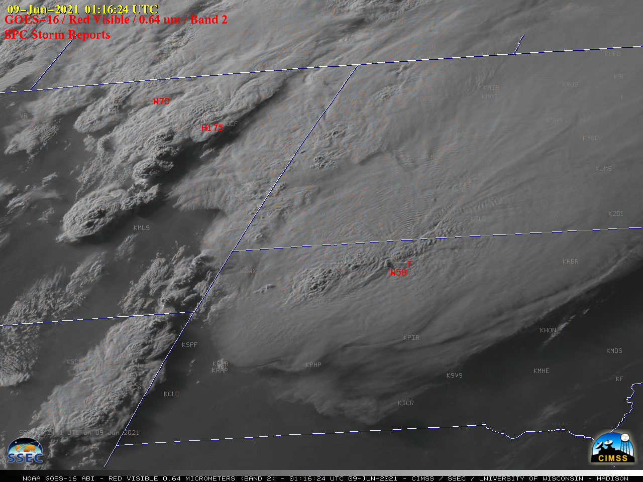GOES-16 “Red” Visible (0.64 µm) images, with SPC Storm Reports plotted in red [click to play animation | MP4] 