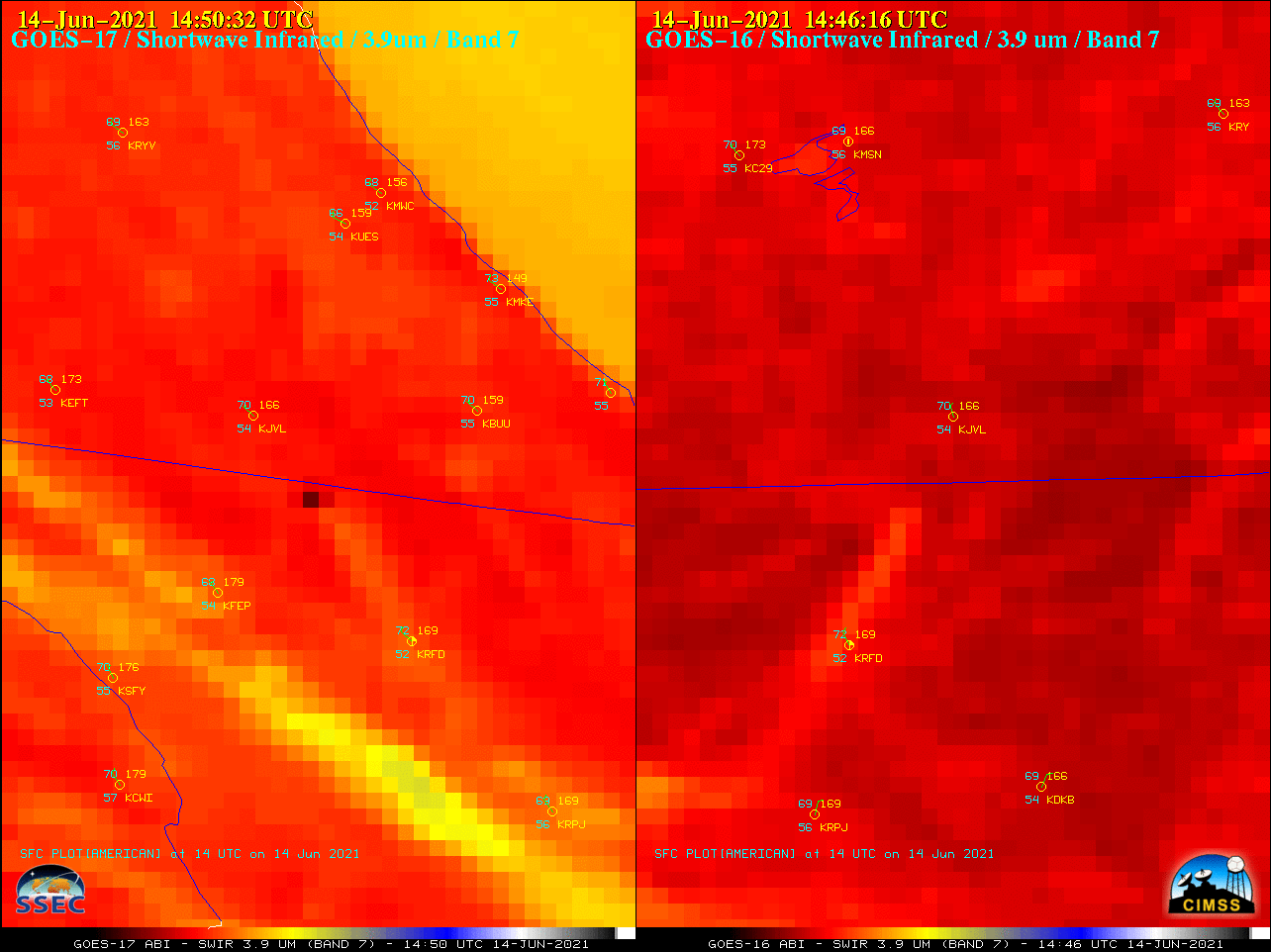 Shortwave Infrared (3.9 µm) images from GOES-17 (left) and GOES-16 (right) [click to play animation | MP4]
