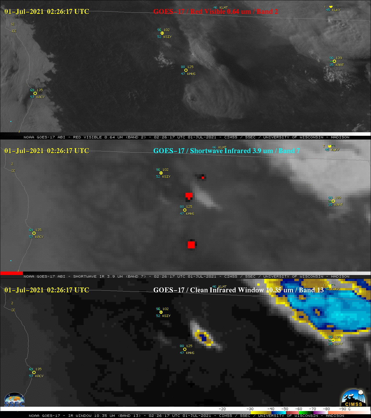 GOES-17 “Red” Visible (0.64 µm, top), Shortwave Infrared (3.9 µm, middle) and “Clean” Infrared Window (10.35 µm, bottom) [click to play animation | MP4]