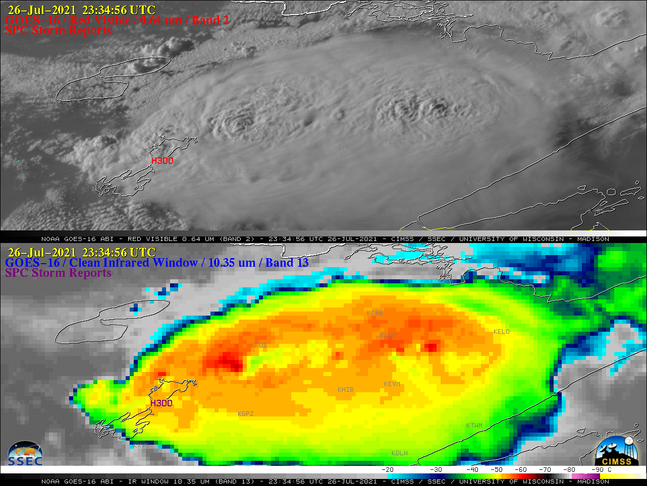 GOES-16 “Red” Visible (0.64 µm) images (top) and “Clean” Infrared Window (10.35 µm) images (bottom), with plots of SPC Storm Reports [click to play animation | MP4]