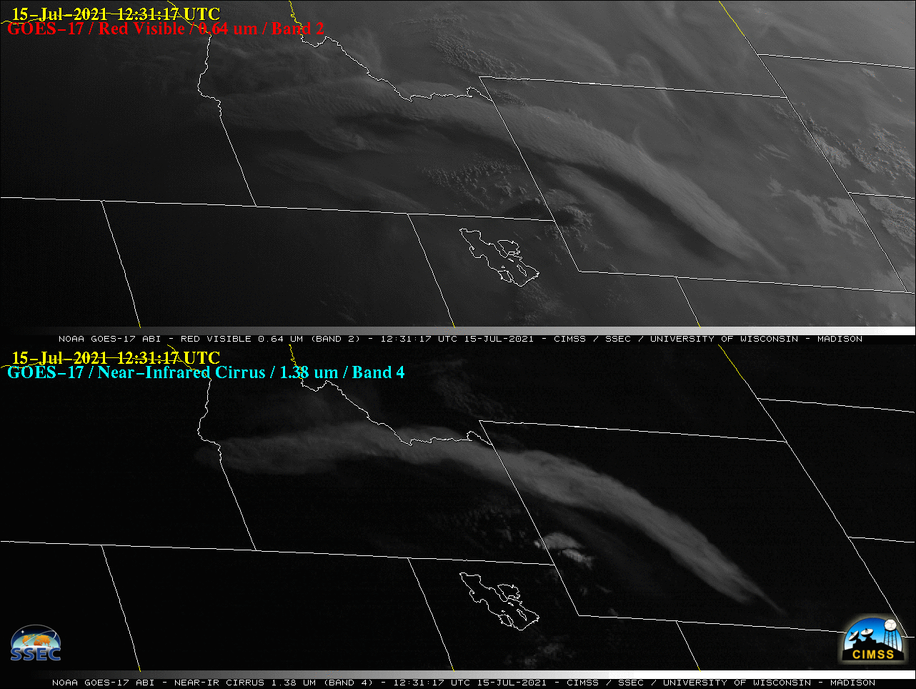 GOES-17 "Red" Visible (0.64 µm, top) and Near-Infrared "Cirrus" (1.37 µm, bottom) images [click to play animation | MP4]