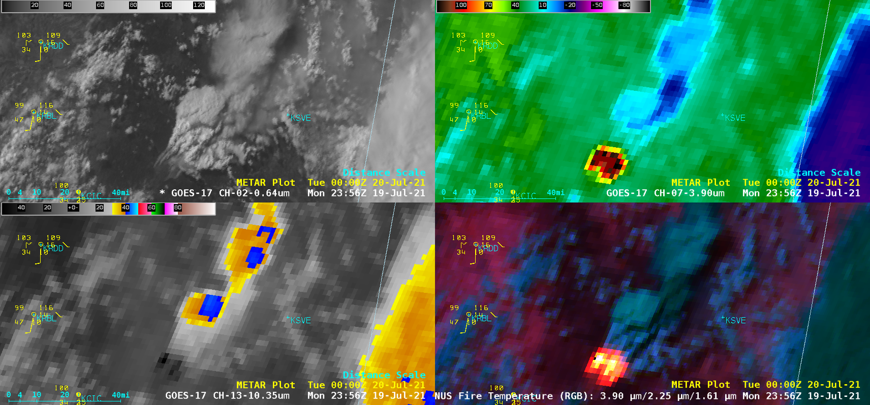 GOES-17 “Red” Visible (0.64 µm, top left), Shortwave Infrared (3.9 µm, top right), “Clean” Infrared Window (10.35 µm, bottom left) and Fire Temperature RGB (bottom right) [click to play animation | MP4]